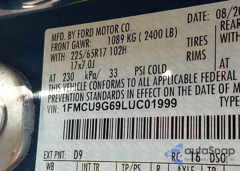 2020 Ford Escape Se from USA, damaged, VIN 1FMCU9G69LUC01999